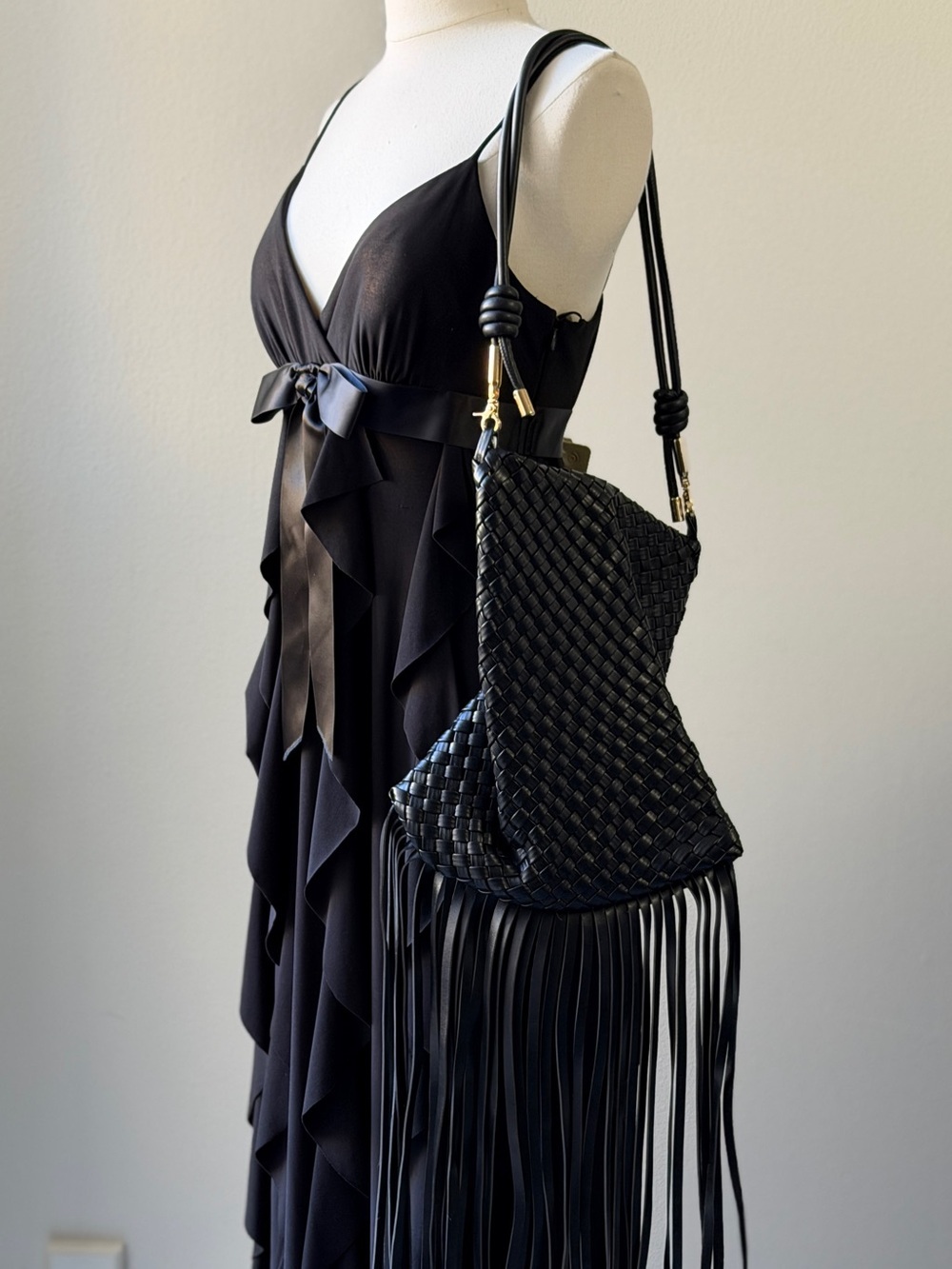 Cache Strappy Black Ruffled Satin-Belt Evening Gown